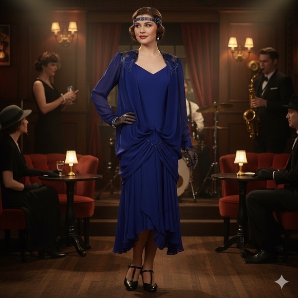 Casadei Dresses & Skirts - Vtg 80s Blue Draped‎ DECO Beaded FLAPPER Dynasty Party Gatsby Cocktail Dress 14